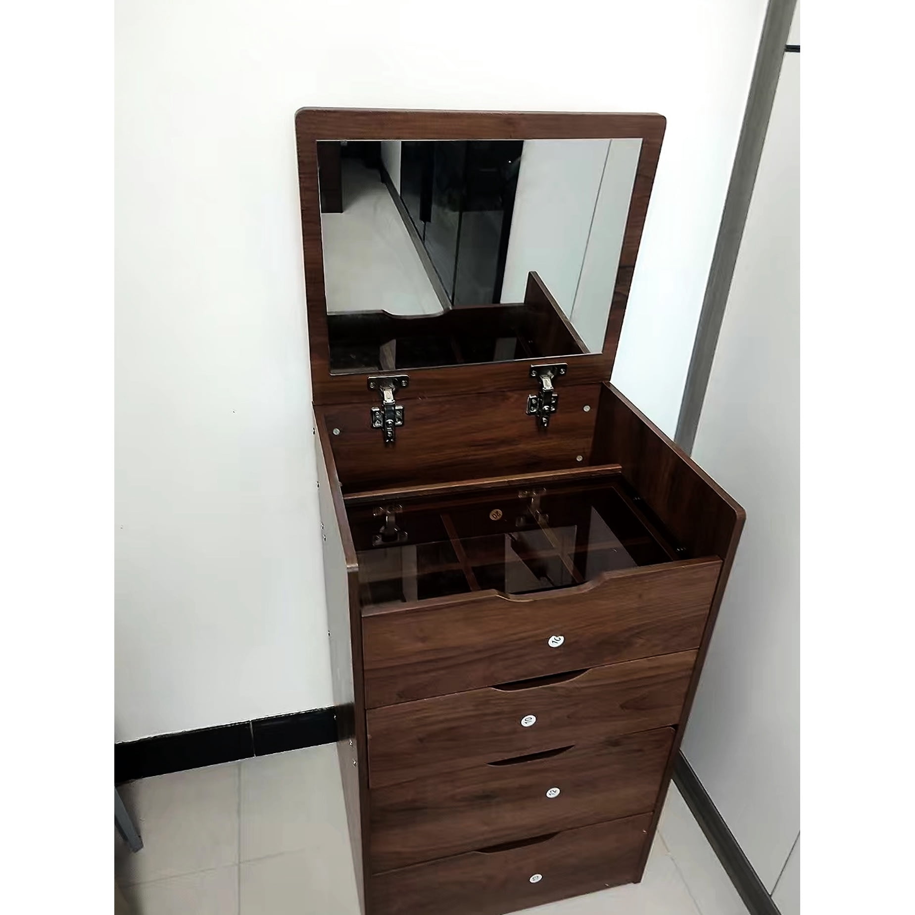 Elegant Walnut Vanity Table With Practical Drawer Storage And Visible Top Dressing Construction Materials