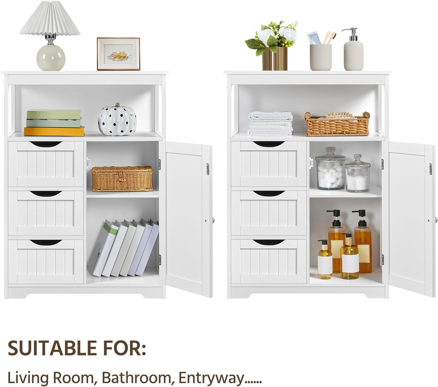 GMNIU Bathroom Storage Cabinet Bathroom Floor Cabinet Freestanding Storage and Organizer with Door, 3 Drawers, Adjustable Shelf, 35.5 Inches Height, White