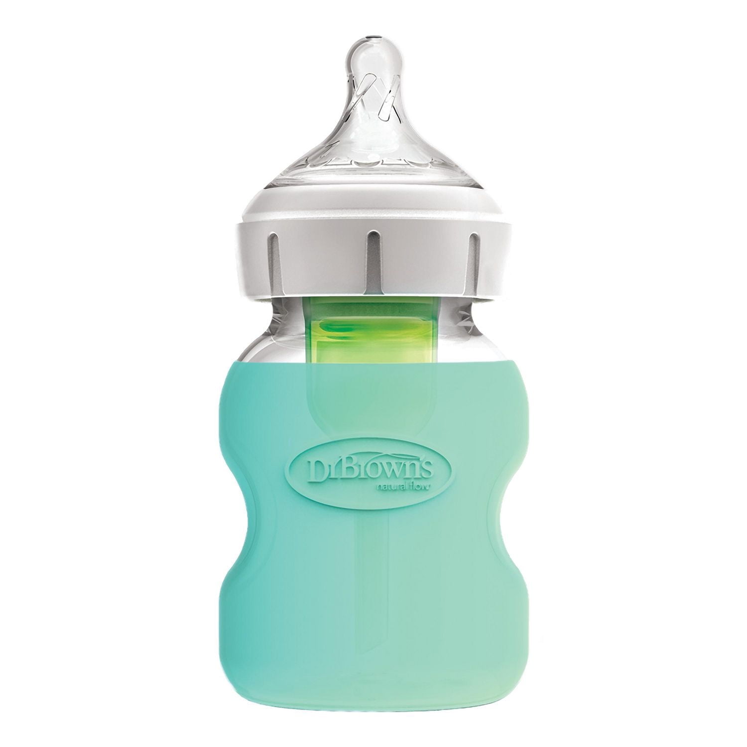Biberons en verre à col large anti-colique Options+ du Dr Brown avec manchons en silicone - bleu et vert menthe - 5oz - 3pk