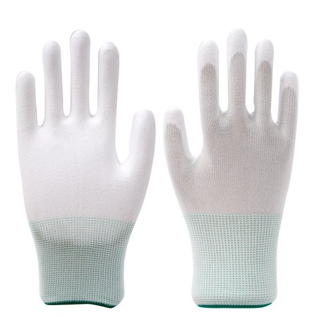 Guantes de trabajo blancos libres de polvo con revestimiento de dedos antiestático de nailon PU y revestimiento de inmersión en la palma