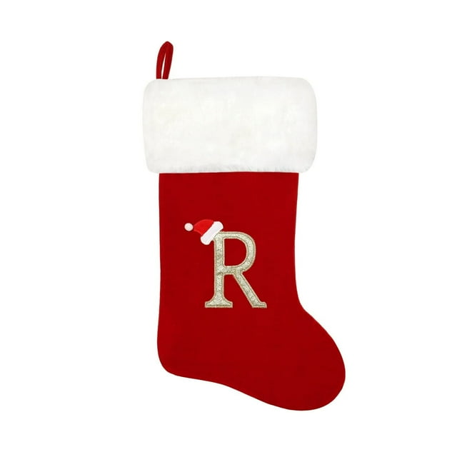 20 Pouces Monogramme Bas de Noël Velours Rouge avec Blanc Super Doux Poignets en Peluche Bas Brodés