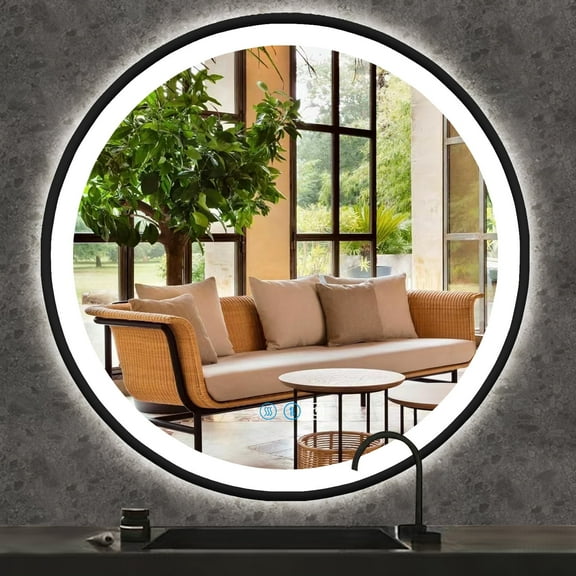 40" LED Mirror, Wall Mount, Round, Black Frame, 3 Color Lights, Anti-Fog, Adjustable Brightness, Modern Home Decor