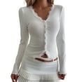 thumbnail image 2 of BRGZLK Women Sweaters Solid Color V Neck Button Down Long Sleeve Lace Trim Patchwork Rib Cardigan T Shirt White L, 2 of 5