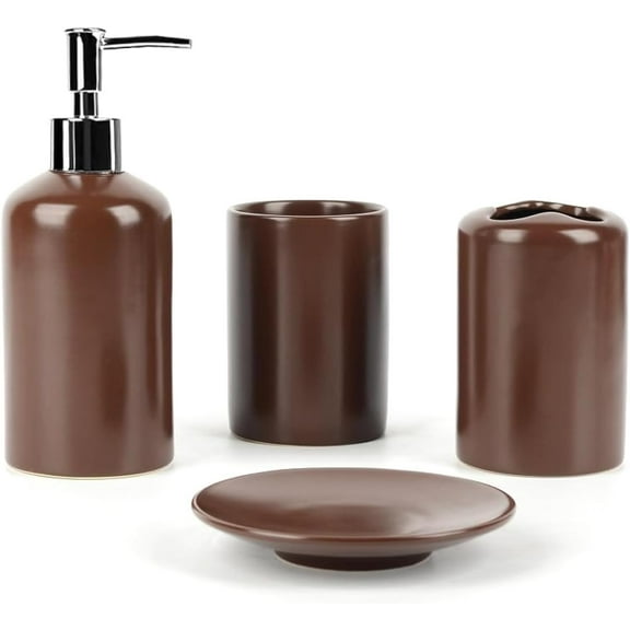 WPM 4 Piece Ceramic Bathroom Accessories Set - Brown - Our Complete Bath Kit Includes Designer Soap or Dispenser - Toothbrush Holder - - Soap Dish