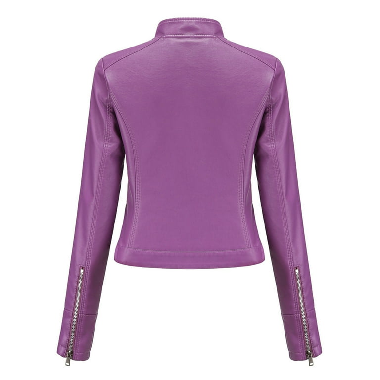 Funicet Womens Faux Leather Zip Up Moto Biker Jacket With Stitching DetaiL Purple L