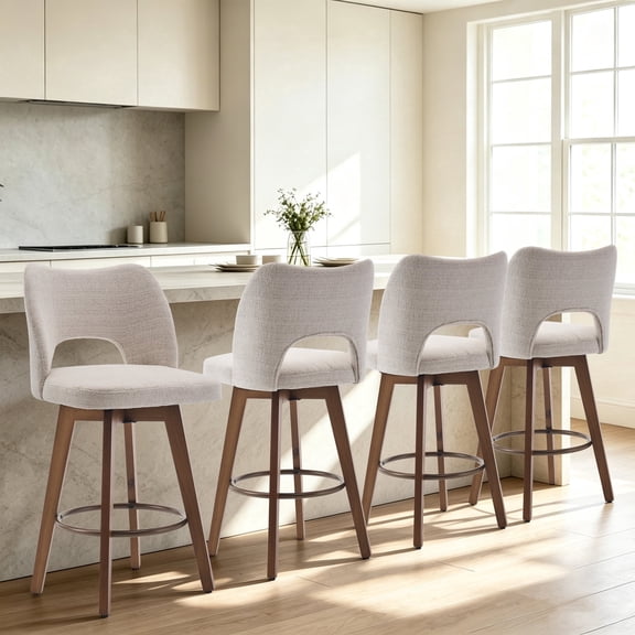 ENYLAY Counter Height Swivel Bar Stools Set of 4, Beige Fabric Bar Chairs with Cutout Back, Wood Legs for Kitchen Island