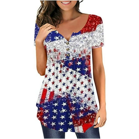 QENGING Summer Tops for Women 2023 Independence Day Patriotic V-neck Button-down Meat Covered Short Sleeve Tee