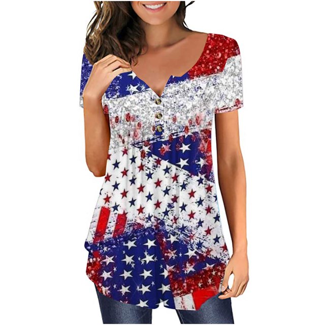 Birdeem Womens Independence Day Patriotic V-Neck Button-Down Meat Covered Short Sleeve Tops