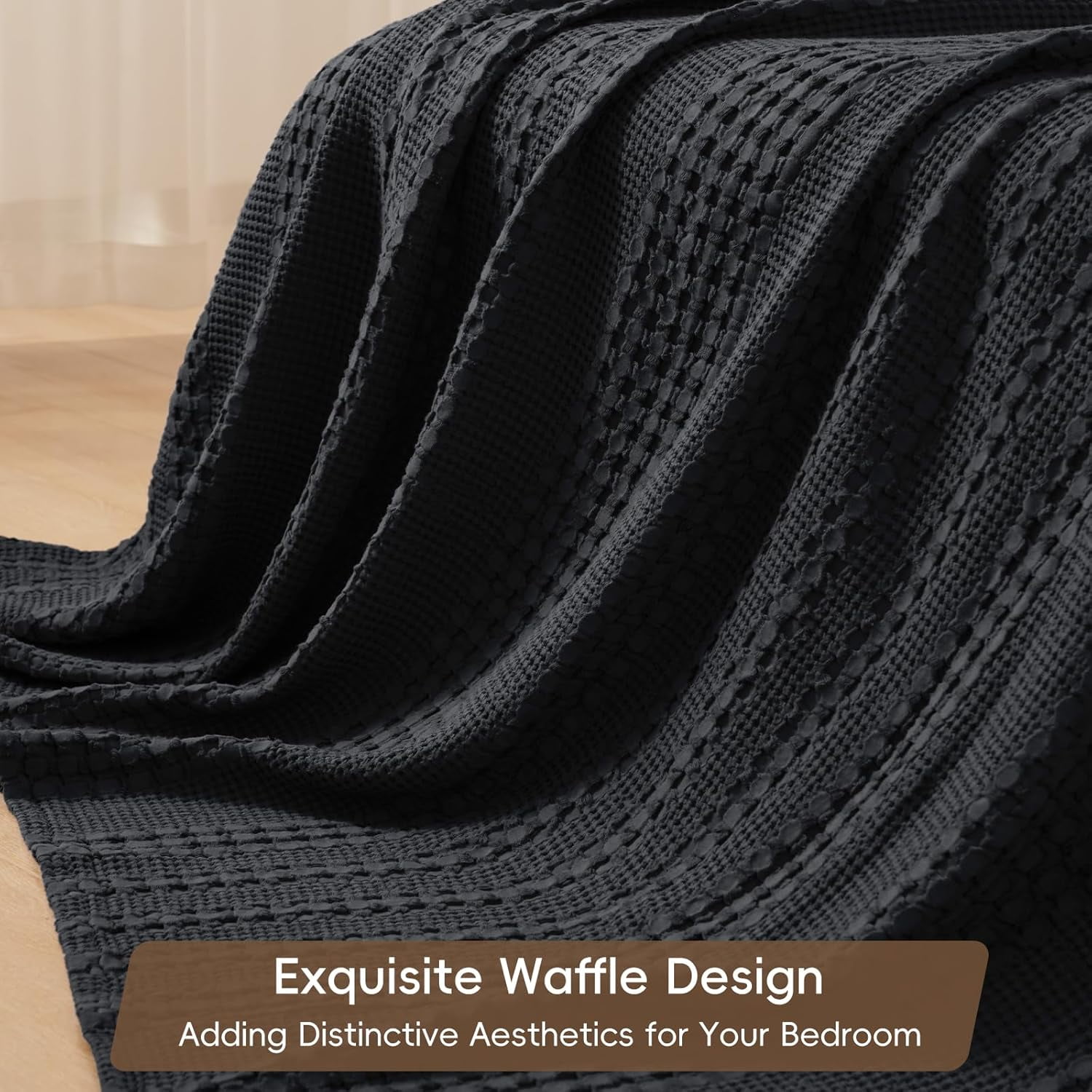 PHF 100% Cotton Waffle Weave Blanket, Lightweight Throw Washed Blanket for Bed Sofa Home Decor, Black, 50"x60"
