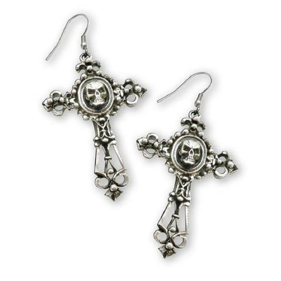 Gothic Skull on Filigree Cross Silver Finish Pewter Dangle Earrings by Real Metal #1005