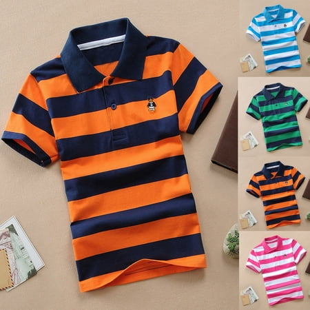 Polo Shirts for Boys Short Sleeve Lapel Collar Graphic Tees Striped Cartoon Print Summer Casual Kids Polos Size 9-10Y