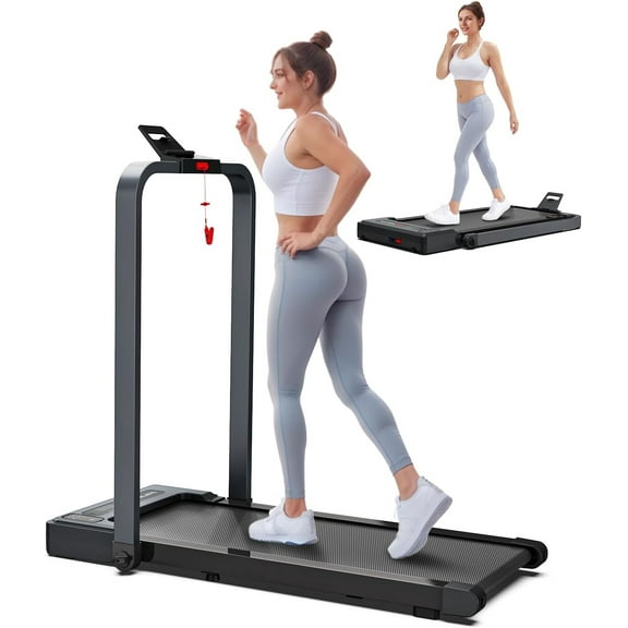 XMKEY 2-in-1 Walking Pad Treadmill with Handlebar, 3HP Foldable Under Desk Treadmill, 300lbs Capacity, 15" Wide Belt, Remote Control, LED Display for Home & Office (Gray)