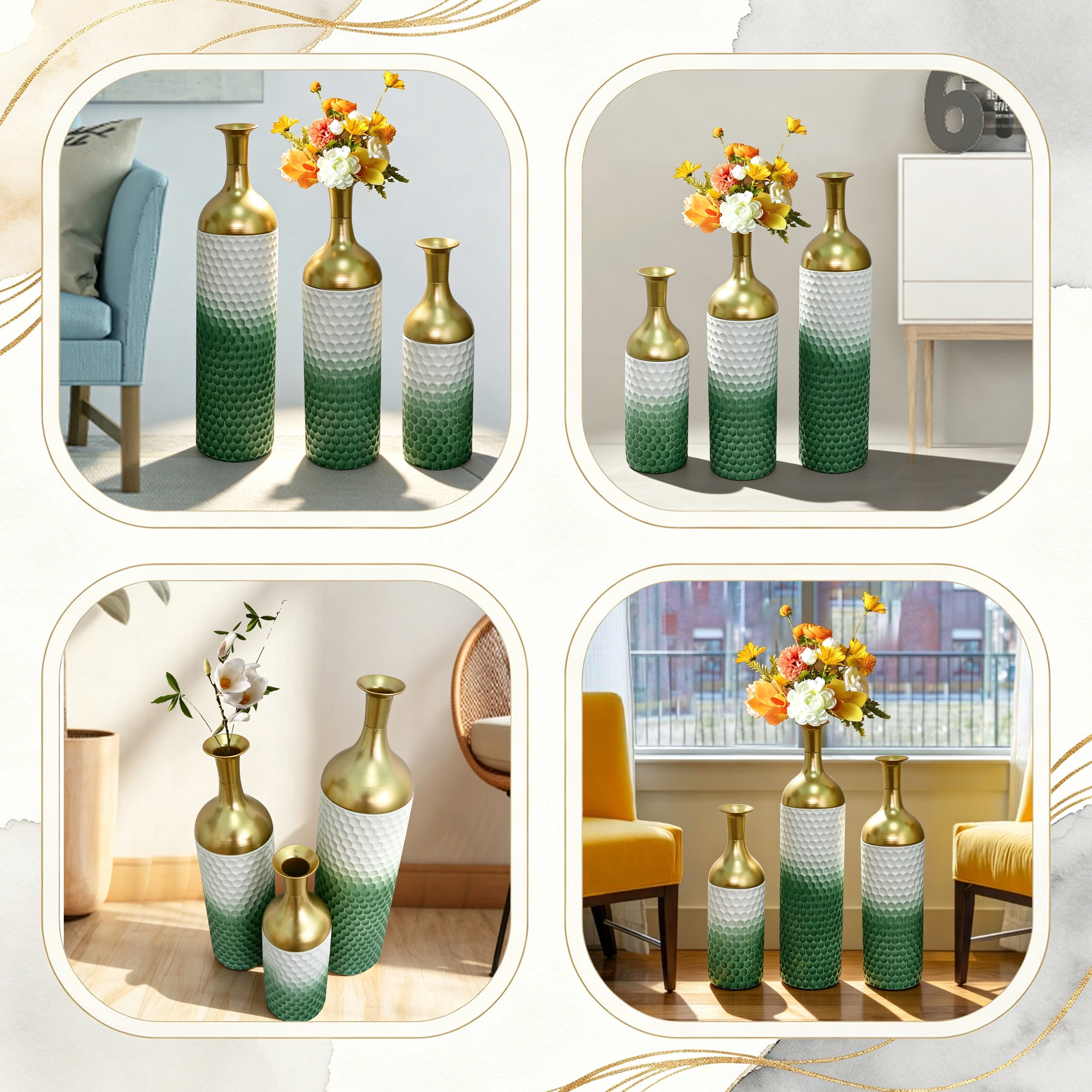 Metal Floor Vases Set of 3 with Leaf Pattern, Tall Decorative Vases and Home Decor Accents for Living Room Entryway, White and Green