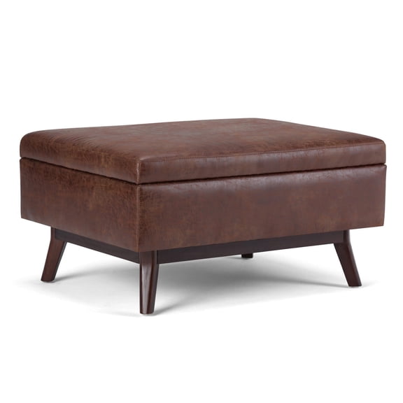 Owen 34 inch Wide Mid-Century Modern Coffee Table Storage Ottoman in Distressed Saddle Brown Vegan Leather