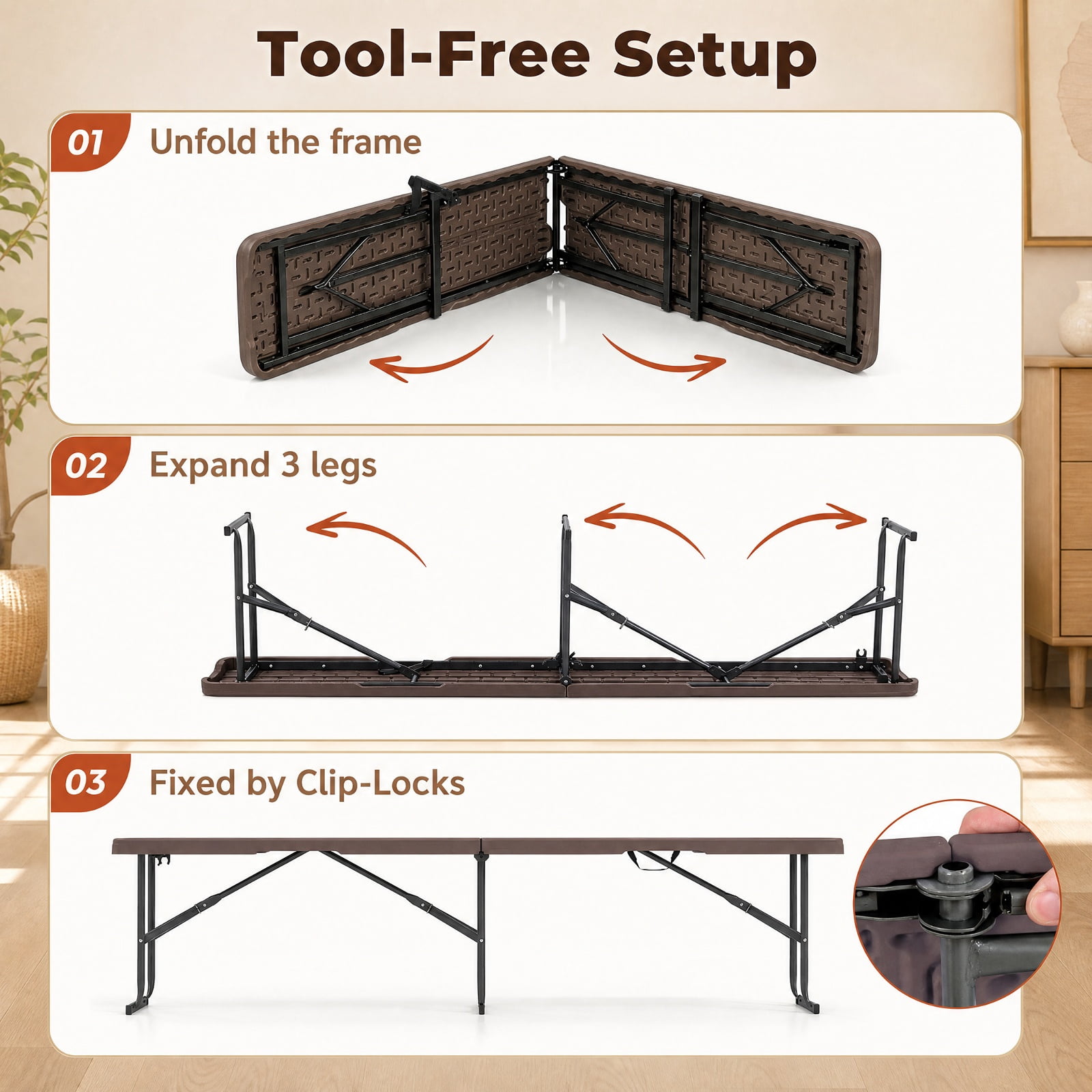 Biotree 6 Feet Folding Bench for Picnic Camping Dining 17" x 72" Portable Seat for Backyard Party, Coffee
