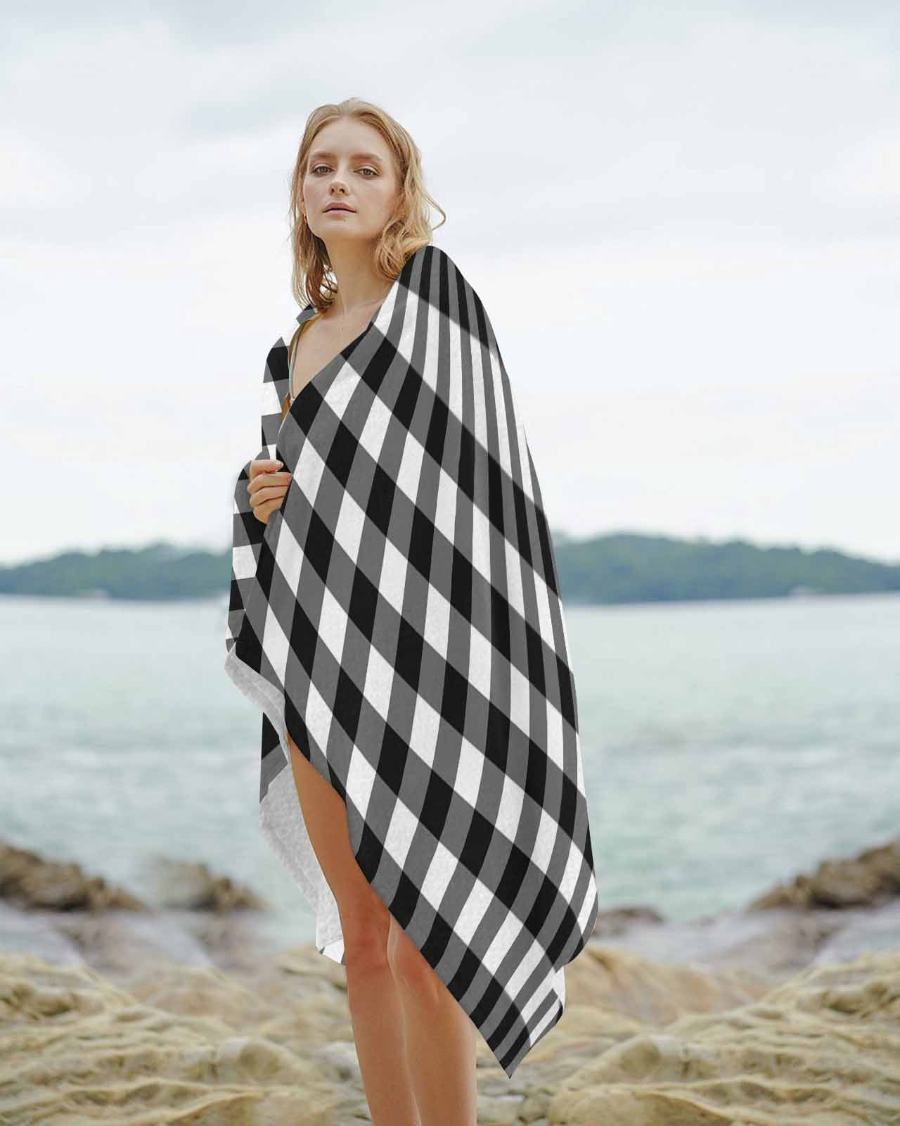 Black White Plaid Beach Towels Oversized Super Absorbent, Modern Simple Buffalo Check Gingham Lightweight Bath Towel Quick Dry Sets For Bathroom/Pool/Rv Camping/Beach Play/Gym Room/Picnic 23"x47"