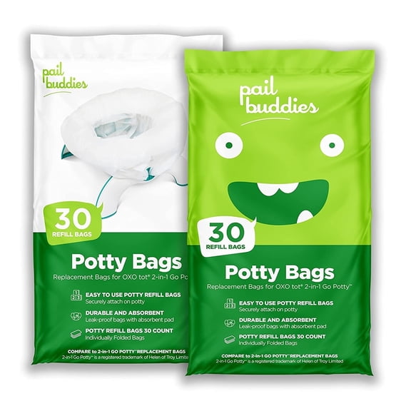 Pail Buddies Refill Potty Bags, Disposable Potty Liners, Compatible w/ OXO 2-in-1 Go Potty & Other Travel Potties, 60-Pack