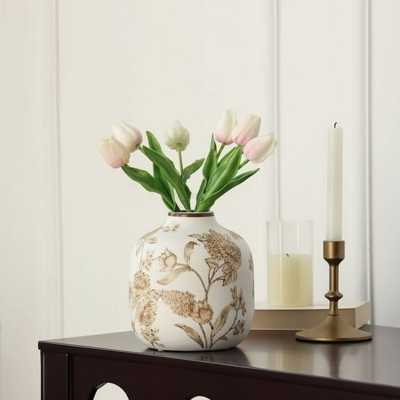 Home Decor Collection Sterling & Noble Home White Ceramic Brown Floral Painted Tabletop Vase