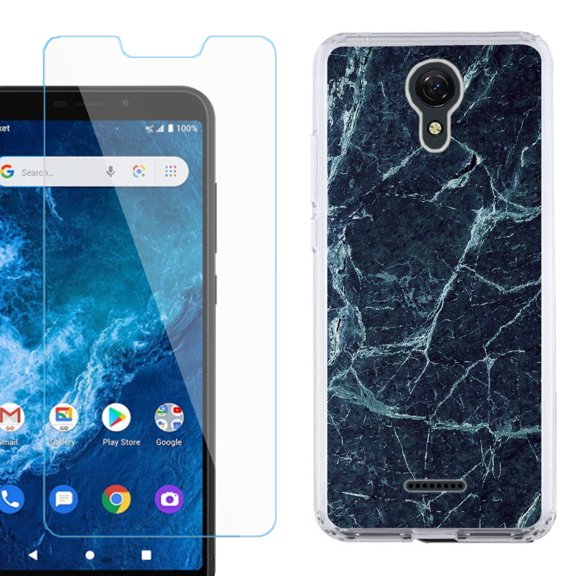 Slim-Fit Protective Phone Case compatible with Cricket Icon 2, with Tempered Glass Screen Protector, by OneToughShield ® - Marble / Blue