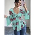 thumbnail image 2 of Osfvolr Women'S Floral Mesh Bell Long Sleeve Tops Bow- Tie Front Sweetheart Neck Ruffle Hem Shirts Cyan XL, 2 of 5