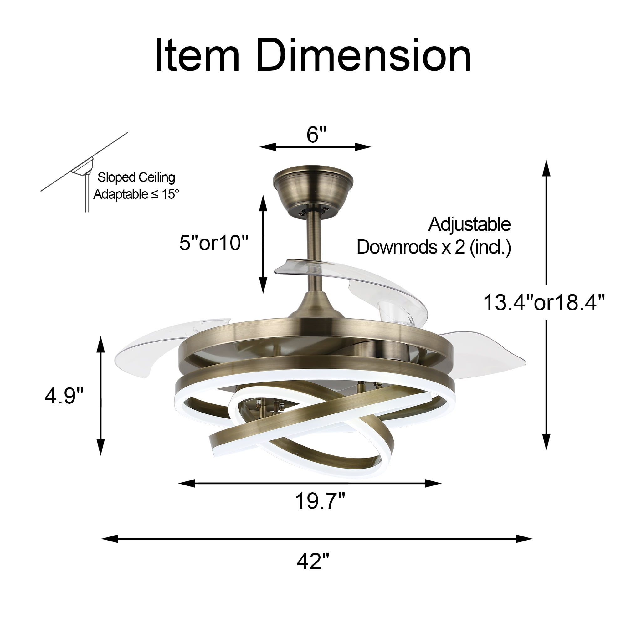 42Inch Modern Reversible Ceiling Fan with Dimmable LED Light, 6-Speed DIY Shape Retractable Ceiling Fan with Remote