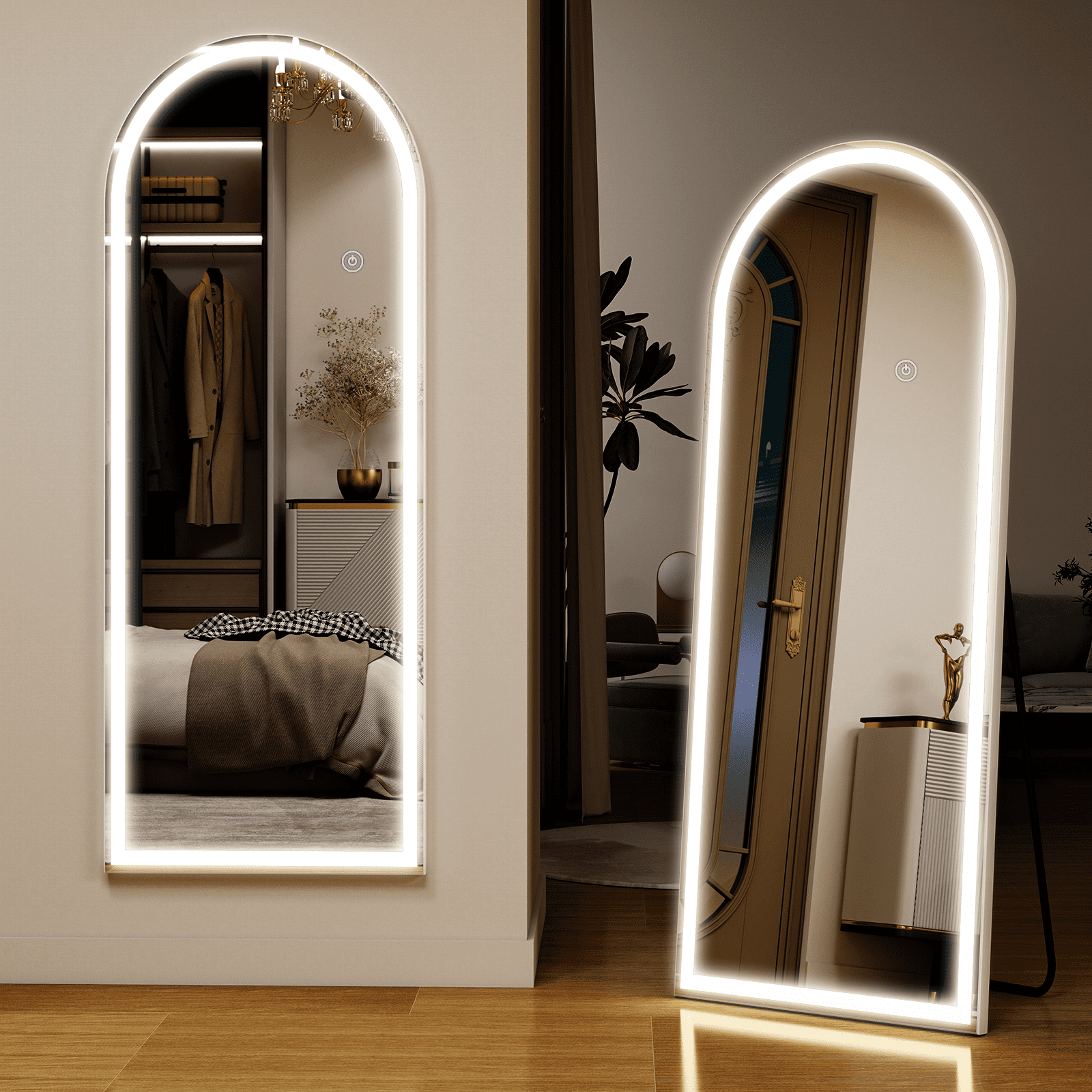 AUROMIR 64"x21" Arched Full Length Mirror with Lights LED Floor Mirror Dimming 3 Color Lighted Mirror