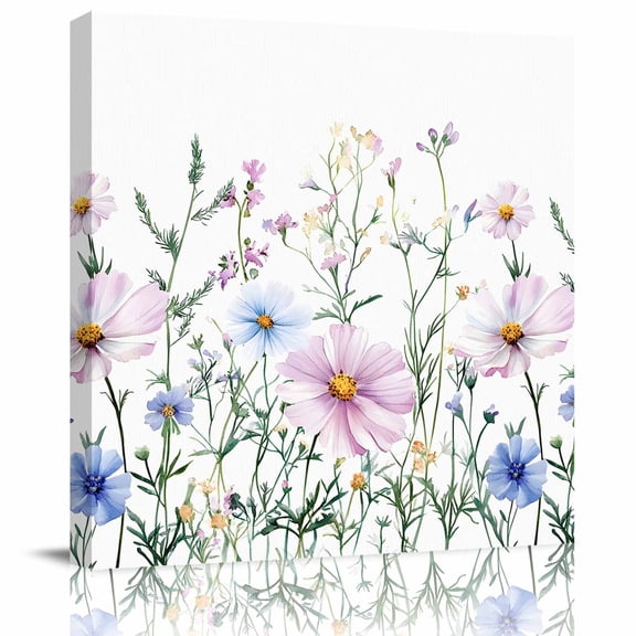Wall Art Prints, Pink Blue Spring Floral Framed Canvas Prints for Bedroom Living Room Bathroom Office, Watercolor Elegant Botanical Gallery Wrap Wall Art Poster for Gifts Home Decor 16"x16"