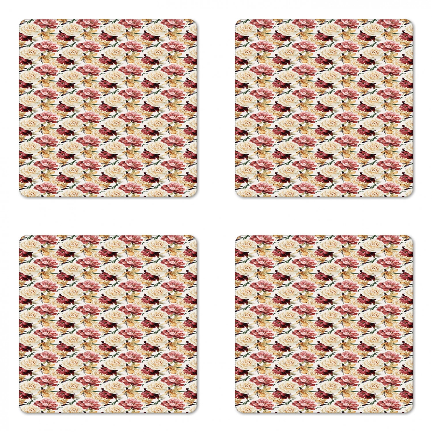 Delton 3-Pack Ceramic Coasters - 4.3 Inch Square, Lavender French Floral Design With Cork Back