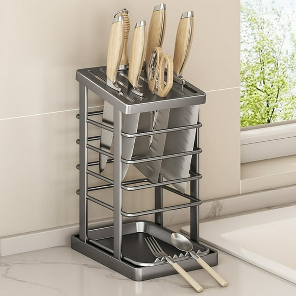 CaiYueKe Stainless Steel Knife Holder Block Magnetic Knife Storage Rack Countertop Knife Organizer with Drain Tray Kitchen Cutlery Stand Knife Bar Knife Magnet Strip
