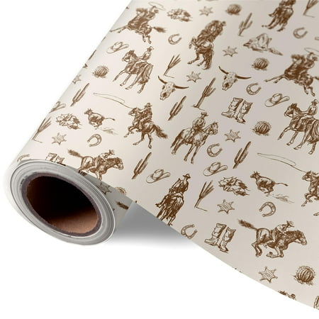 JarThenaAMCS Western Cowboy PresNok Wrapping Paper -Mini Roll- 17 Inch x 32.8Ft Brown Wild West Rodeo Gift Wrap Paper Farmhouse Art Paper for Birthday Baby Shower DIY Crafts