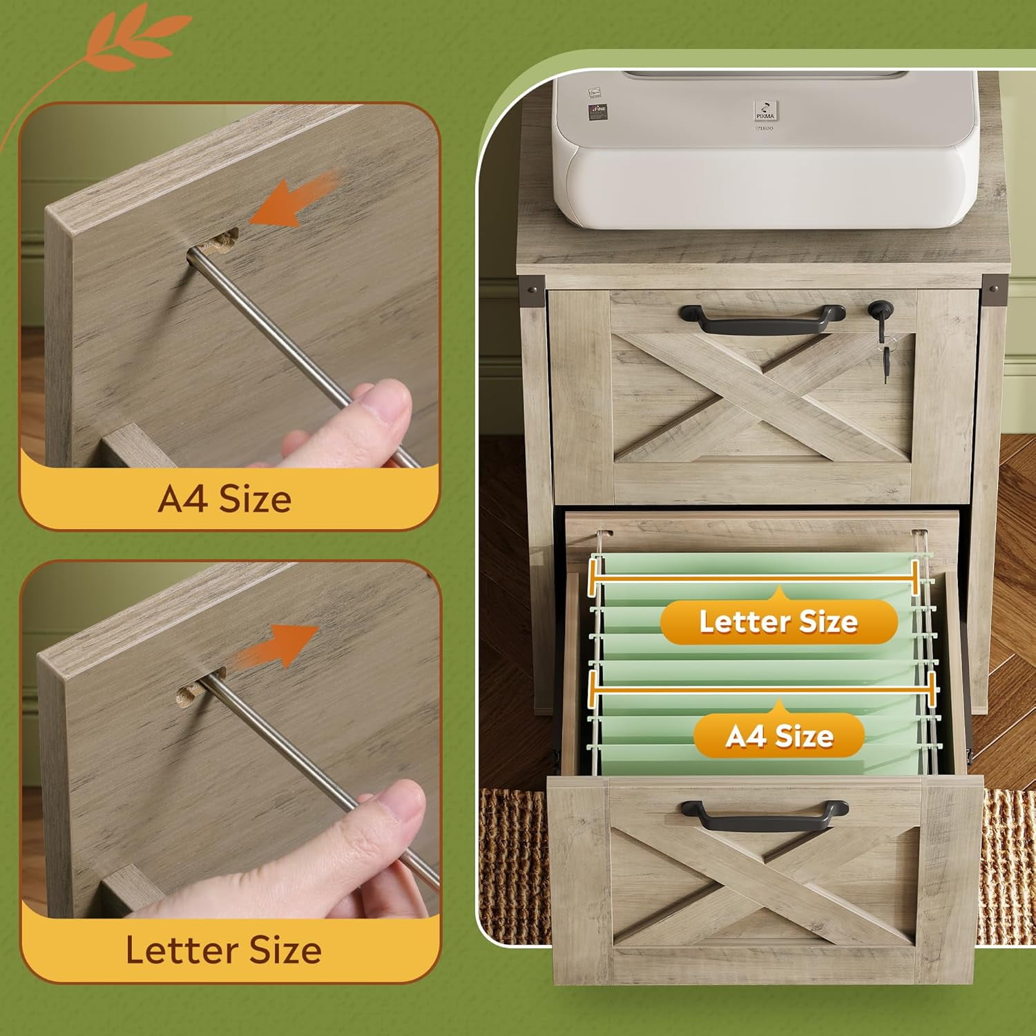 2 Drawer File Cabinet with Lock, Wood Farmhouse Filing Cabinet for Home Office, Printer Stand Fits Letter and A4 Size, Gray Oak