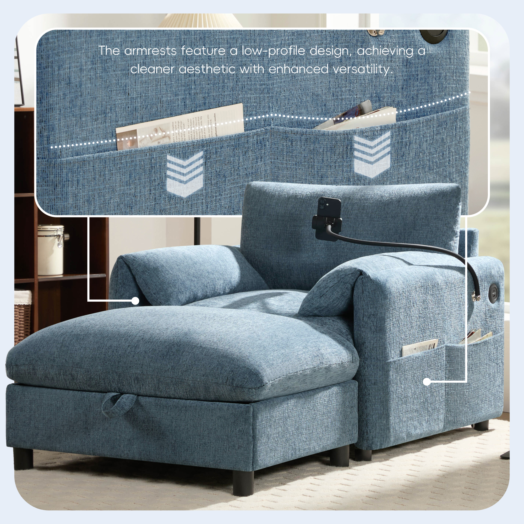 38" Accent Chair with Storage Ottoman, Single Sofa with USB Charger and Phone Holder, Wide Seat Chaise Lounge for Living Room&Apartment,Blue