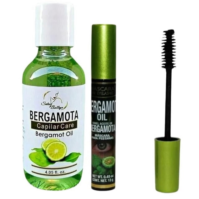 BERGAMOTA Oil Hair Care Aceite de bergamota ideal para cabello barba y bigote 4.05oz + ACEITE DE BERGAMOTA NEGRO Máscara de pestañas resistente al agua Fortalecedora 13g (4% silicona 1% pantenol) Másc
