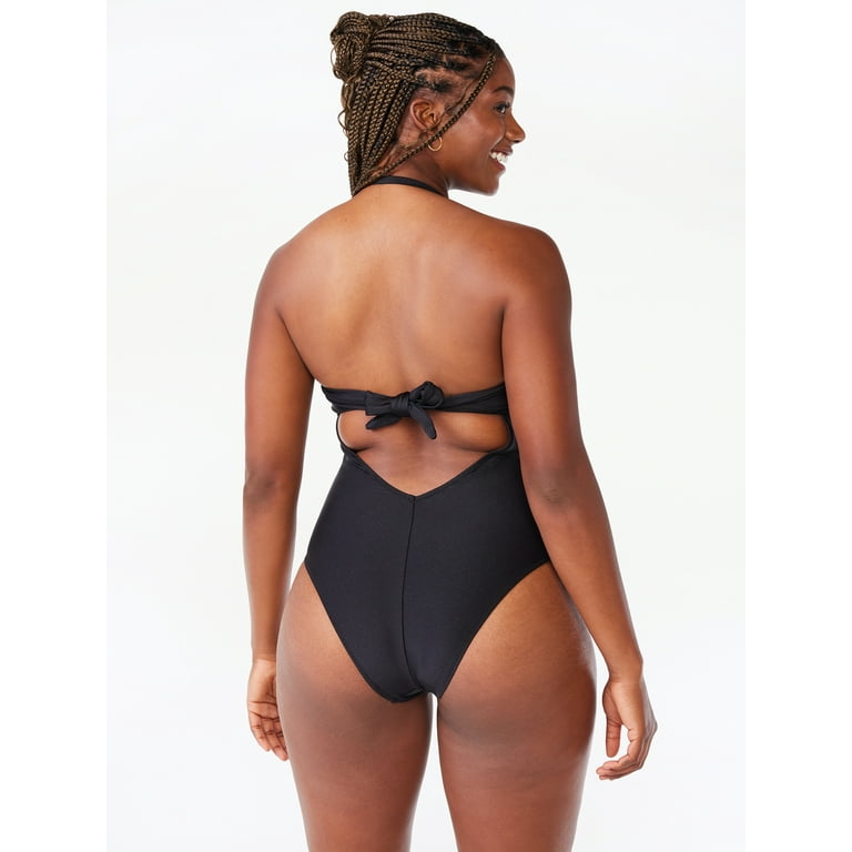 Love & Sports Women's Black Scrunchy Scooped Back Classic One-Piece  Swimsuit, Sizes XS-XXL