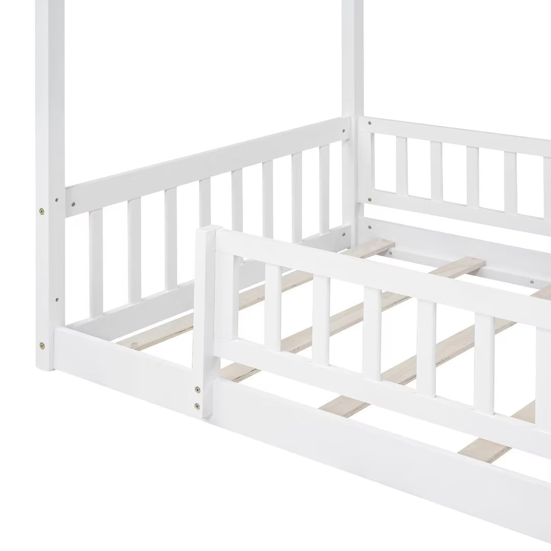 Full Size Montessori Bed for Kids, Wood Floor Bed Frame, House Bed Frame with Fence & Roof, Solid Wood Playhouse Bed for Girls Boys Teens, White