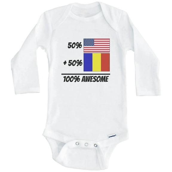50% American Plus 50% Romanian Equals 100% Awesome Cute Romania Flag One Piece Baby Bodysuit (Long Sleeve), 0-3 Months White