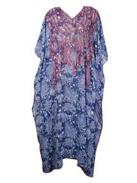 Mogul Women Kaftan Maxi Dress, Stunning Blue Pink Caftan Dress, Printed Sheer Caftan Dresses, Summer Embroidery Dresses One Size