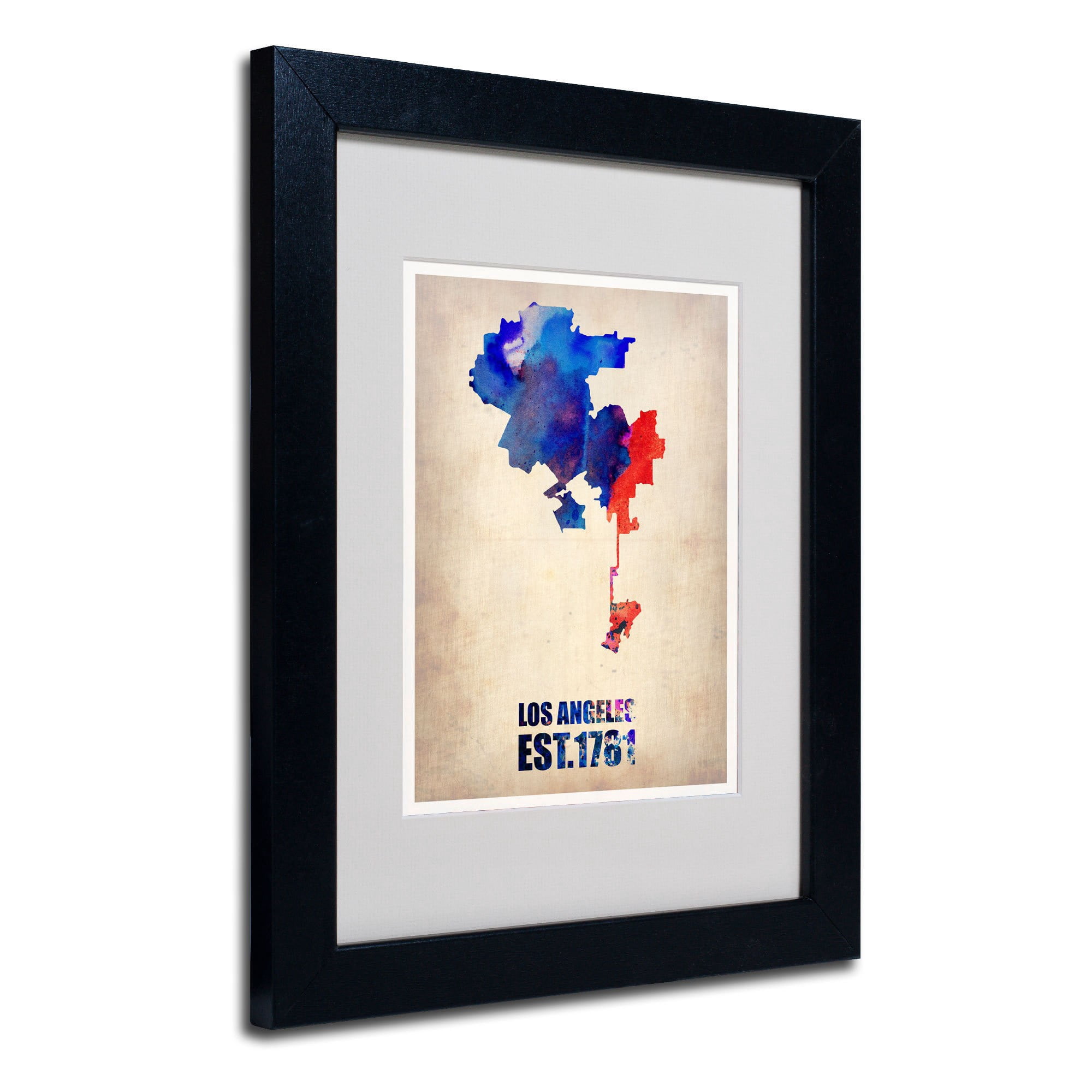 Trademark Fine Art "Los Angeles Watercolor Map 2" Matted Framed Art by Naxart, Black Frame