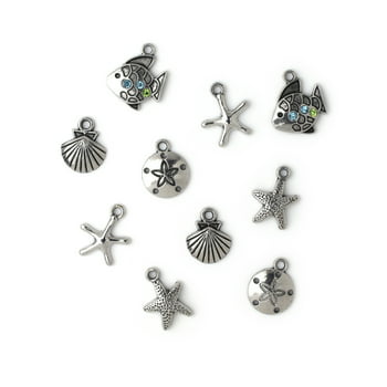 CousinDIY DIY Metal Fish & Shell Marine Life Bracelet and Necklace Pendants & Charms, 10 Pc, Silver