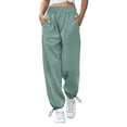thumbnail image 1 of Pantalones de mujer cintura alta elásticos Color puro cordón bolsillos sueltos deportes pierna ancha tobillo atado pantalones de mujer, 1 of 6