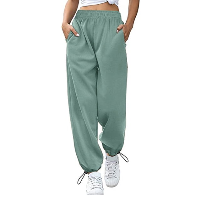 Pantalones de mujer cintura alta elásticos Color puro cordón bolsillos sueltos deportes pierna ancha tobillo atado pantalones de mujer