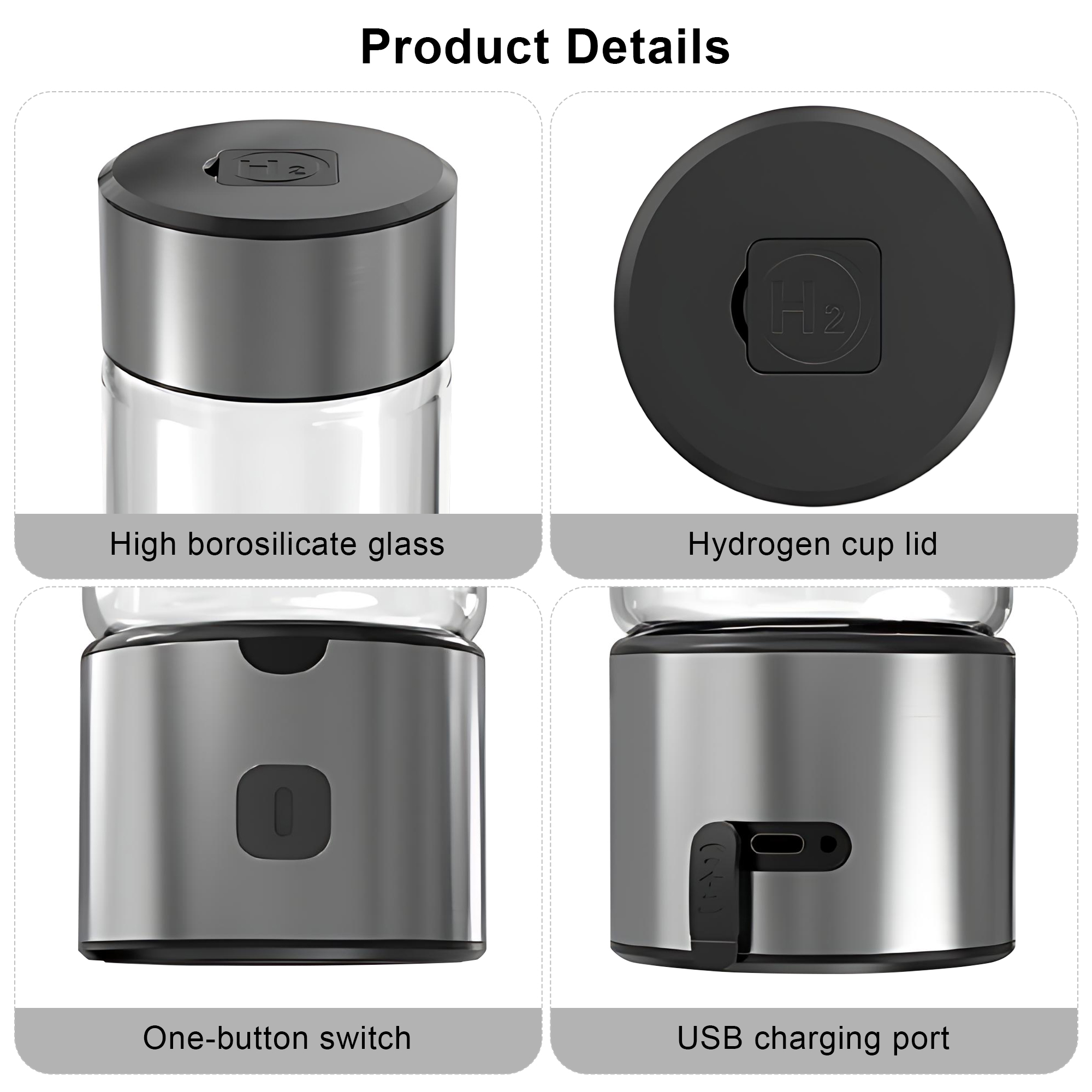 INSMART Hydrogen Water Bottle, 16 Oz Portable Rechargeable Hydrogen Water Generator, SPE & PEM Technology, 1500 PPB in 3 Minutes, Silver