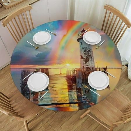 

Orinice Rainbow Lighthouse Pier Round Table Cover Stain Resistant Washable Indoor Outdoor Tablecloth Kitchen Dining Wedding Parties 100% Polyester Fiber 46-50