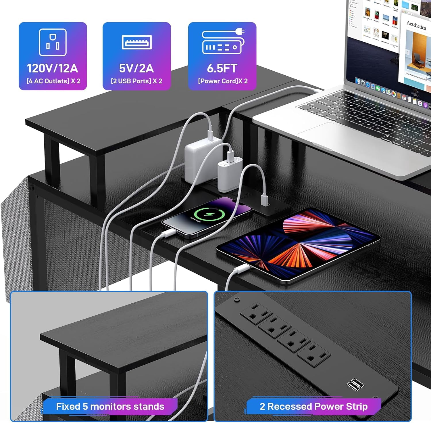 U Shaped Home Office Desk, Reversible L Shaped Gaming Computer Desk with Power Outlets,126 Inch Computer Desk with Monitor Stand and LED Lights,Storage Shelves,Storage Bag and Hooks（Black）