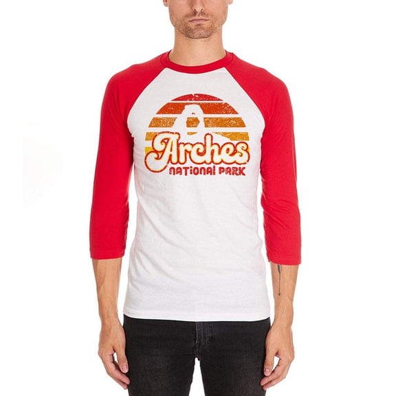 National Park Retro 70s Sunset Arches Mens Soft Raglan T Shirt White-Red 2XL
