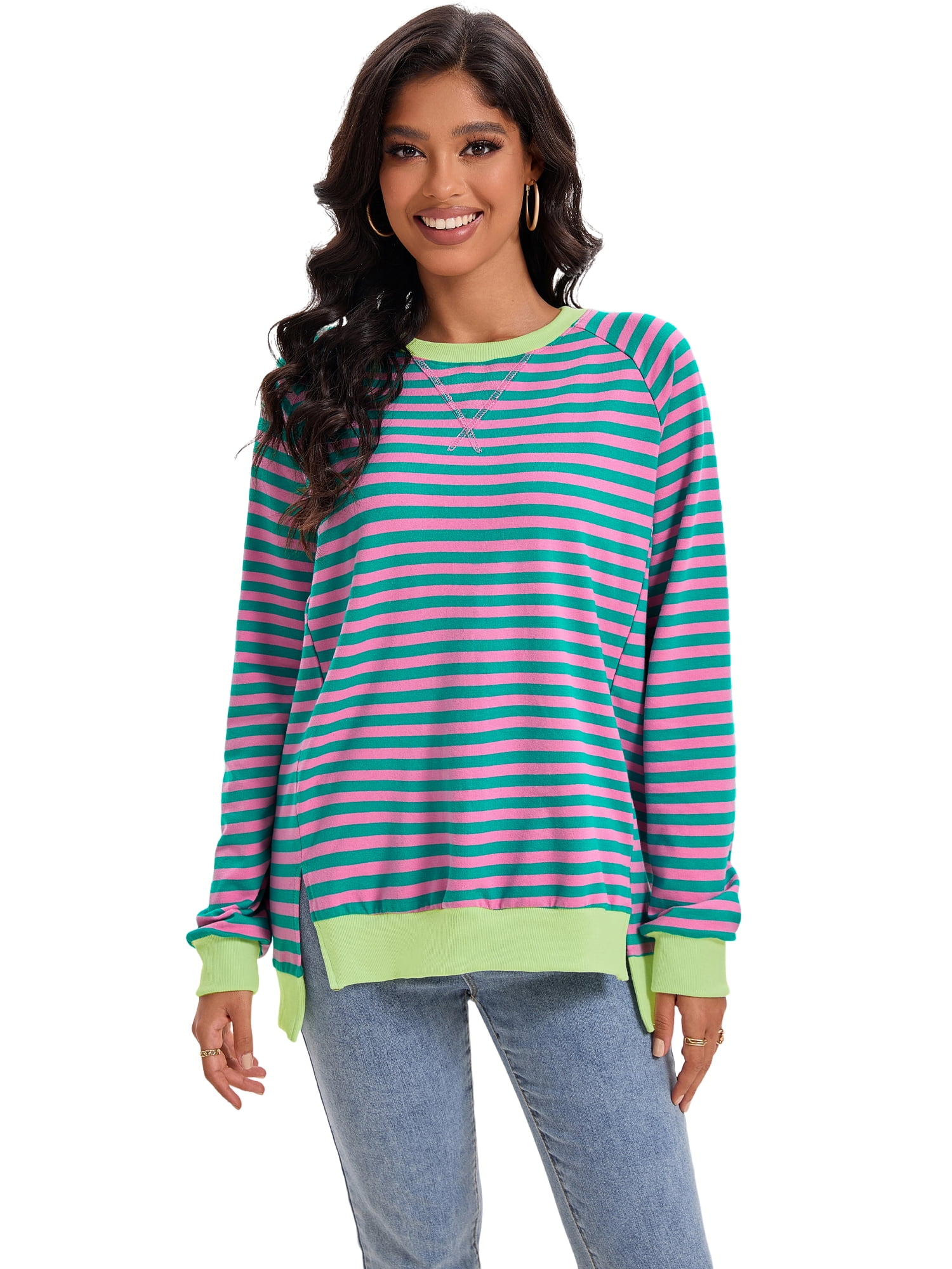 DARING DIVA Women's Striped Oversized Crewneck Pullover Tops XL Green Pink
