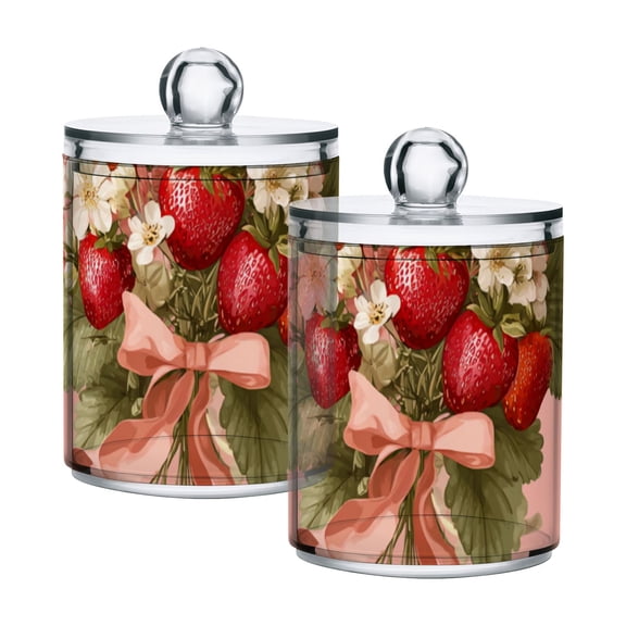 Bunches Of Strawberries Flowers with Bows Translucent Plastic Cans Storage Canisters with Lid Set of 2