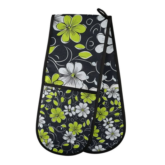 Yayeee Double Oven Mitt Kitchen Heat Resistant Baking 35" x7" Quilted Glove, White Flower Pattern