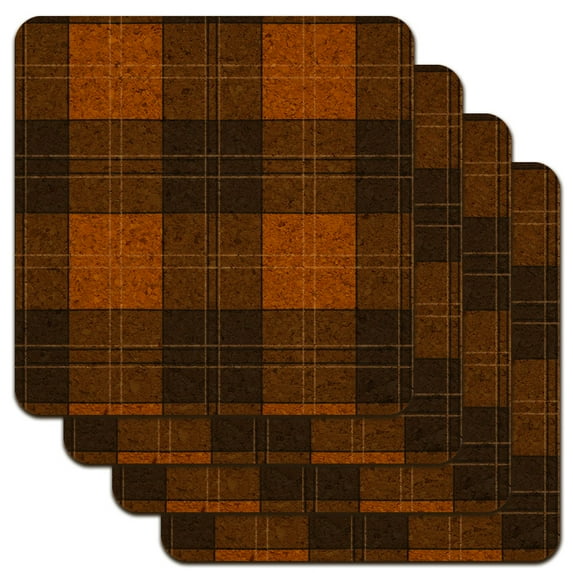 Plaid Mustard Yellow Gray Grey Pattern Low Profile Novelty Cork Coaster Set