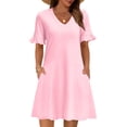 thumbnail image 3 of Summer Casual Dresses for Women A Line Sun Dress Ruffle Short Sleeve V Neck Tshirt Dress with Pockets Pink XL, 3 of 6